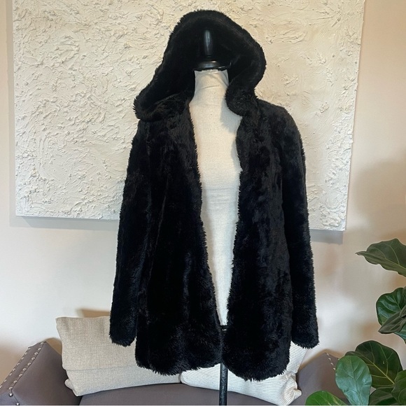ZARA Women's Coat FAUX FUR Black HOOD DETAIL Soft Furry HOODED Jacket Sz S - Picture 5 of 8